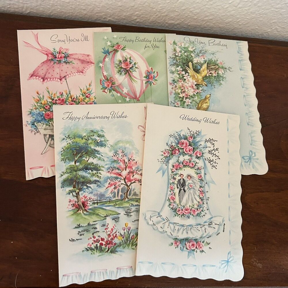 5x Vintage 50s/60s Birthday Get Well Anniversary Wedding Unused Glitter
